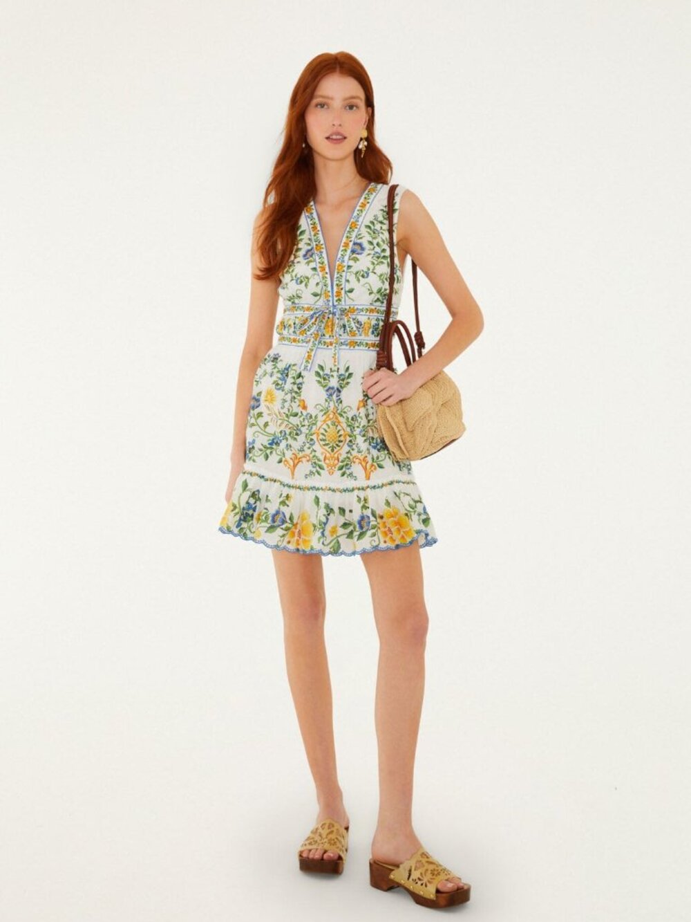 FARM Rio White Floral V-Neck Mini Dress with Yellow & Green Accents
